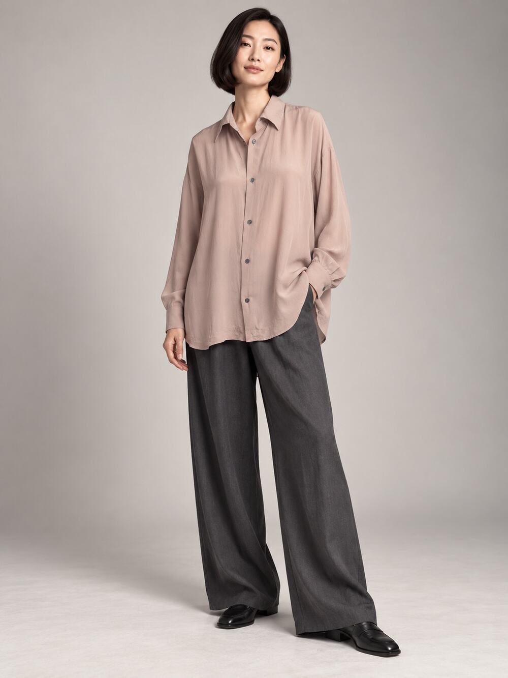 Eskandar 100% Silk Oversized Button Down Shirt Blush Pink High Low Size 1